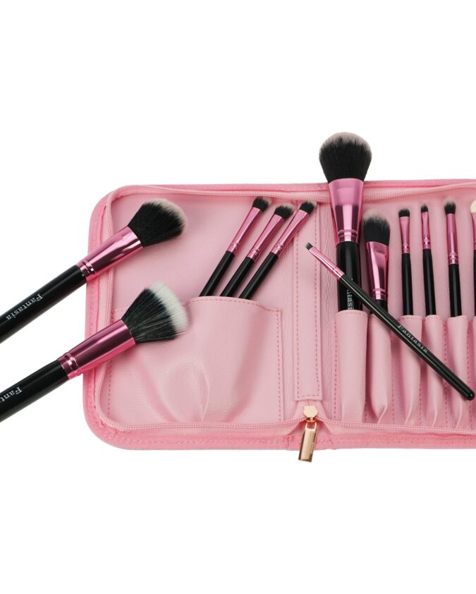 Cosmetic brush set 12-piece brush set with synthetic hair, pink-black, in bag
