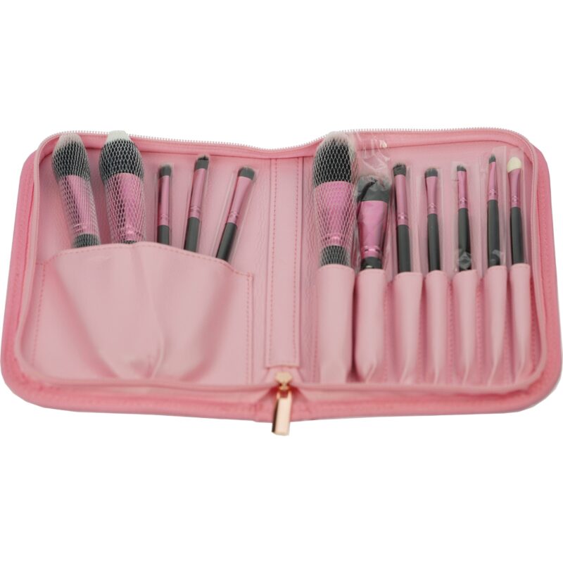 Cosmetic brush set 12-piece brush set with synthetic hair, pink-black, in bag - Image 3