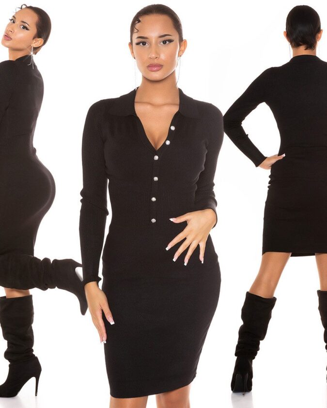 Knitted Dress Long Sleeve Figure-hugging with polo collar rhinestone buttons