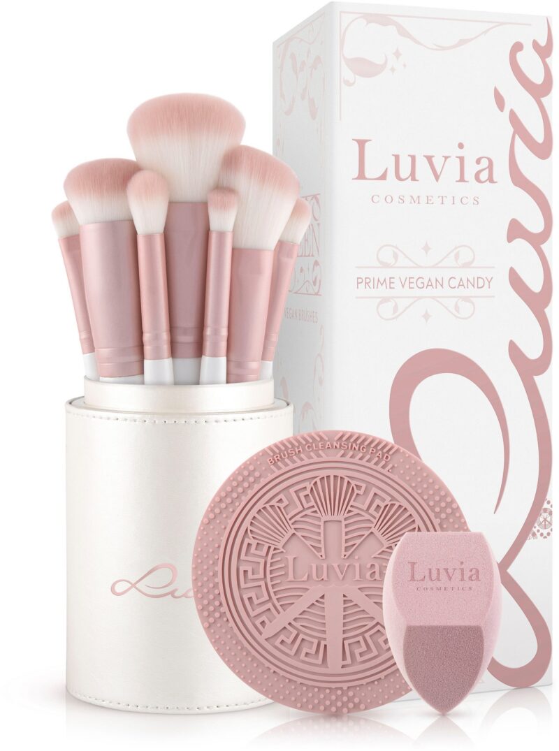 Prime Vegan Candy cosmetic brush set 10 pieces, with 7 brushes made of Nurai hair, sponge and cleaning mat, vegan.