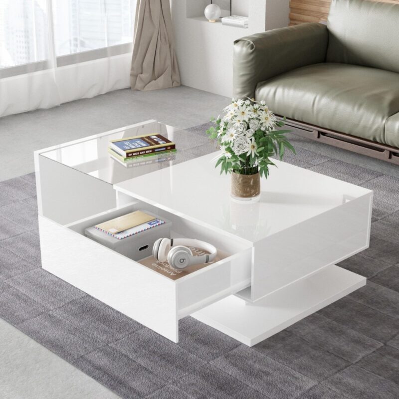 Coffee table with drawer and glass table top - Image 5